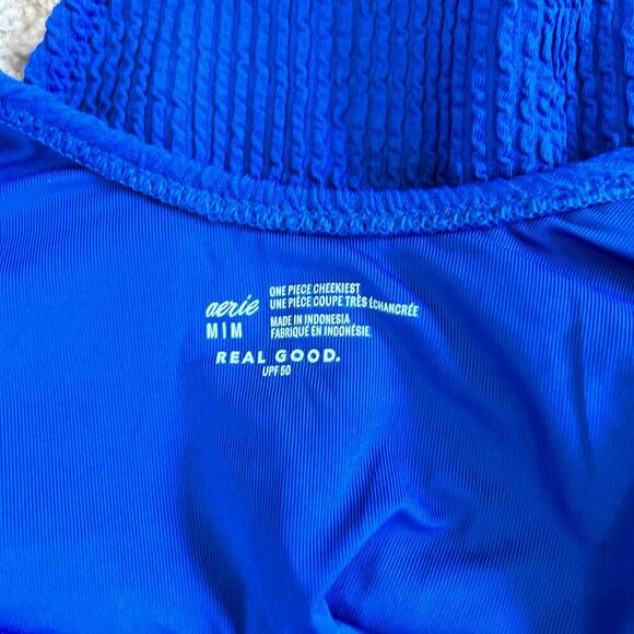NWT Aerie Crinkle Birthday Scoop Cheekiest One Piece Swimsuit Blue Swim - Picture 4 of 6